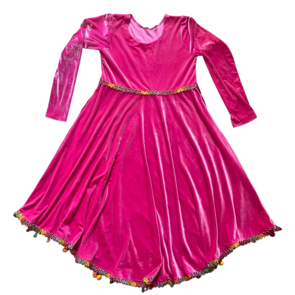 Handmade Pink Velvet Girls Dress w/ Pom Pom Trim – Medium (See Measurements)